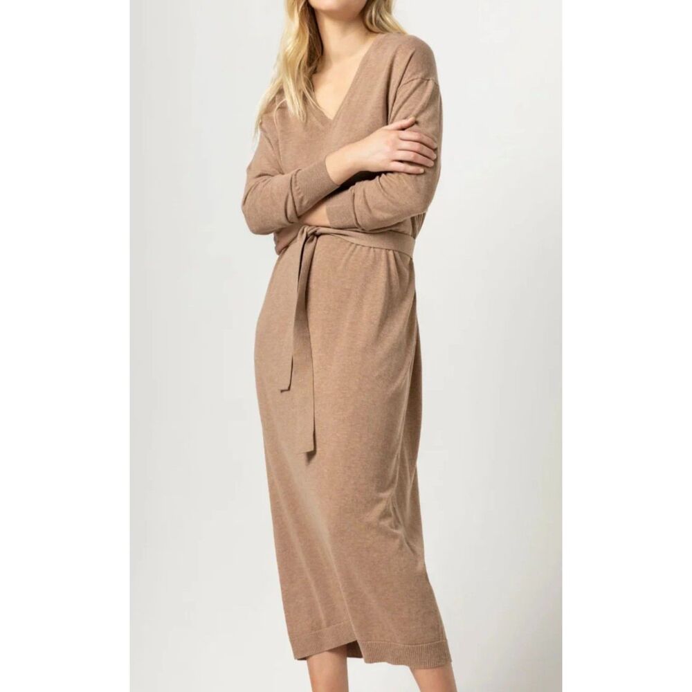 LILLA P Easy V-Neck Sweater Midi Dress Cotton/Modal/Silk Blend, Waist Tie, Sz S